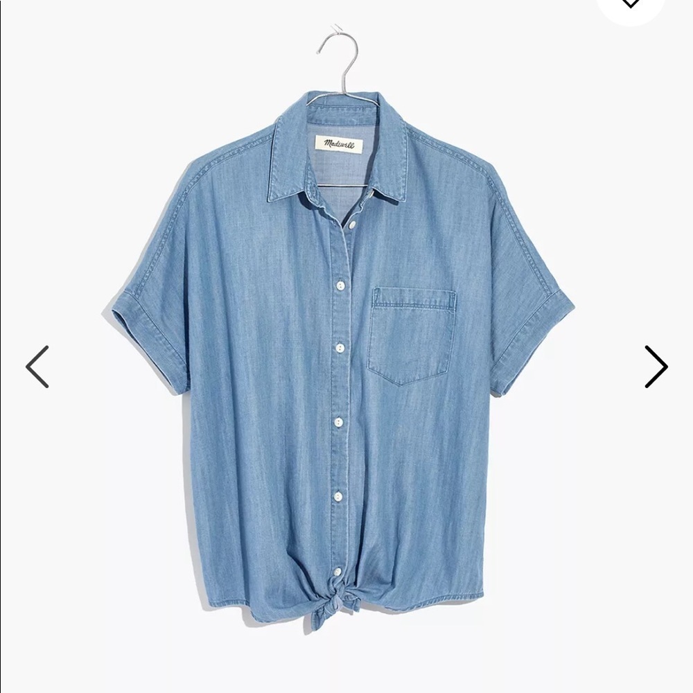 Madewell Blue Short Sleeve Tie Bottom Boxy Button Down Shirt - Picture 7 of 14